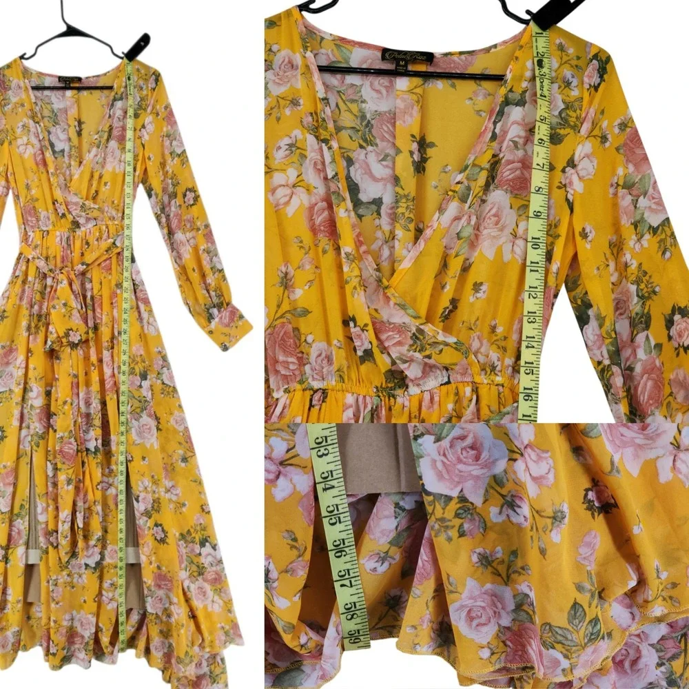 Petal Roz Maxi Dress M Fairy Whimsical Yellow Floral Faux Wrap Long Sleeve‎ Boho